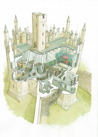 Cutaway diagram of the Warkworth Castle rain-channelling roofs
