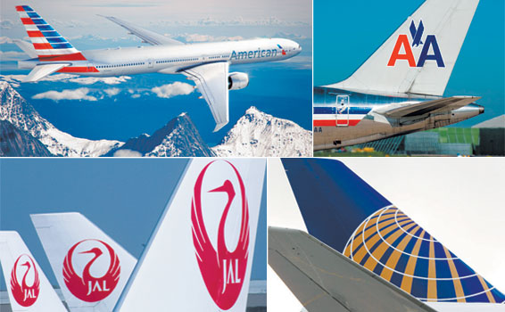 Clockwise from top left: American Airlines’ new livery; AA’s former design; United and Japan Airlines’ latest liveries