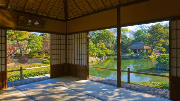 An interior view of the Gepparo tea pavilion in the Katsura Imperial Villa