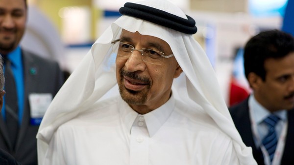 Saudi Aramco Chief Executive Officer Khalid al-Falih speaks to the media at the company's booth during Petrotech 2014, a petrochemicals conference, at the Bahrain International Exhibition Centre in Manama May 19, 2014. REUTERS/Hamad I Mohammed/File Photo - RTX2DC79