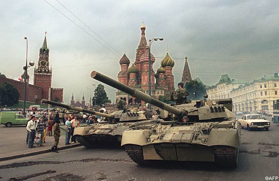 Soviet Army tanks are parked near Spassky gate, an entrance to the Kremlin and Basil's Cathedral in Moscow's Red Square