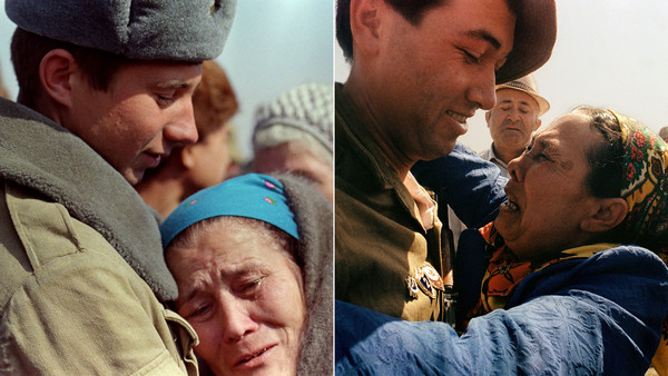 Mothers embrace their Soviet soldier sons in Termez, February 1989 (left) and May 1988 (right), during the withdrawal of troops from Afghanistan