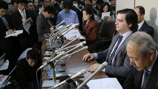 Mt Gox founder Mark Karpelès, sitting second right, was arrested in Tokyo at the weekend