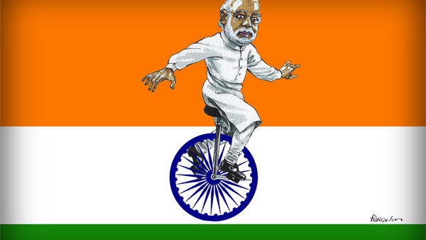 Illustration of Indian Prime Minister Narendra Modi on a unicycle