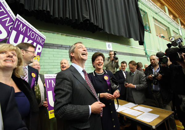 Nigel Farage celebrates with Ukip candidate Diane James at the Eastleigh by-election, February 28; James beat the Tories to take second place